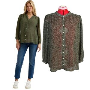 Carry Eden Olive and White Dot Sheer Button Up Maternity Blouse Size Small